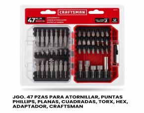 JGO. 47 PZAS PARA ATORNILLAR, PUNTAS PHILLIPS, PLANAS, CUADRADAS, TORX, HEX, ADAPTADOR, CRAFTSMAN