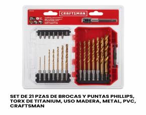 SET DE 21 PZAS DE BROCAS Y PUNTAS PHILLIPS, TORX DE TITANIUM, USO MADERA, METAL, PVC,CRAFTSMAN