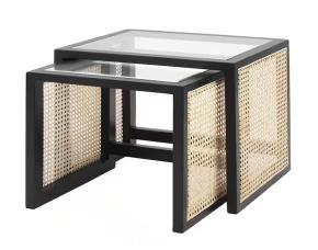 Jgo. 2 Mesas D/Centro D/Madera Negra Vidrio-Rattan Natural, Mesa 1: 19\