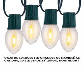 CAJA DE 50 LUCES LED GRANDES C9 NAVIDEÑAS BLANCO CALIDO, 33′ LARGO, CABLE VERDE, NORTHLIGHT