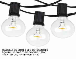Jgo. De 25 Luces Led G40 Tipo Globo, Con Cable 25, 120V,P/Exterior, Hampton Bay.