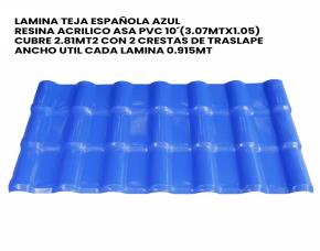 Lamina Teja Española Azul Resina Acrilico Asa Pvc 10´(3.07Mtx1.05) Cubre 2.81Mt2 Con 2 Crest...