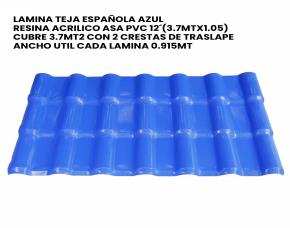 Lamina Teja Española Azul Resina Acrilico Asa Pvc 12´(3.7Mtx1.05) Cubre 3.7Mt2 Con 2 Crestas...