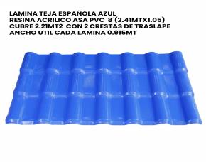 Lamina Teja Española Azul Resina Acrilico Asa Pvc 8´(2.41Mtx1.05) Cubre 2.21Mt2 Con 2 Cresta...