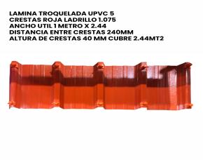 Lamina Troquelada Para Techo Upvc 5 Crestas Roja Ladrillo 1.075 Ancho Util 1 Metro X 2.44 Dist...