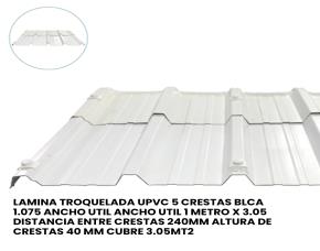 Lamina Troquelada Para Techo Upvc 5 Crestas Blanca 1.075 Ancho Util 1 Metro X 2.43 Distancia E...
