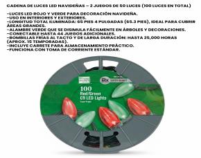 Rollo De 100 Luces Led Grandes C9 Navideñas 66 Largo, Verdes-Rojas, Cable Verde  Home Accent.