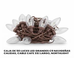Caja De 50 Luces Led Grandes C9 Navideñas Blanco Calido, 33′ Largo, Cable Cafe, Northlight