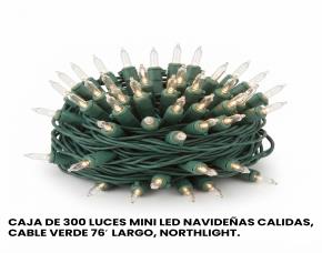 Caja De 300 Luces Mini Led Navideñas Blanco Calido, 76′ Largo, Cable Verde, Northlight.