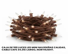 Caja De 100 Luces Led Mini Navideñas Blanco Calido, 34.25′ Largo, Cable Cafe, Northlight.