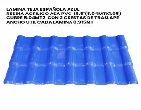 Lamina Teja Española Azul Resina Acrilico Asa Pvc 16.5´(5.04Mtx1.05) Cubre 5.04Mt2 Con 2 Cre...